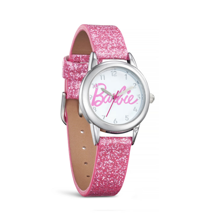 Barbie® Script Logo Watch with Pink Glitter Strap