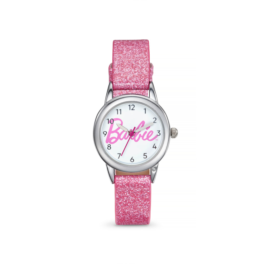 Barbie® Script Logo Watch with Pink Glitter Strap