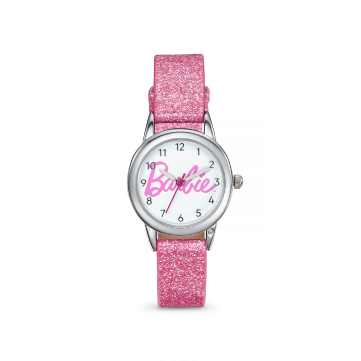 Barbie® Script Logo Watch with Pink Glitter Strap