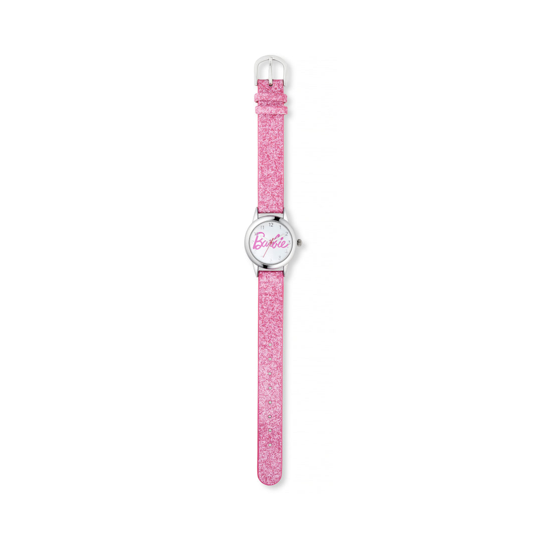 Barbie® Script Logo Watch with Pink Glitter Strap