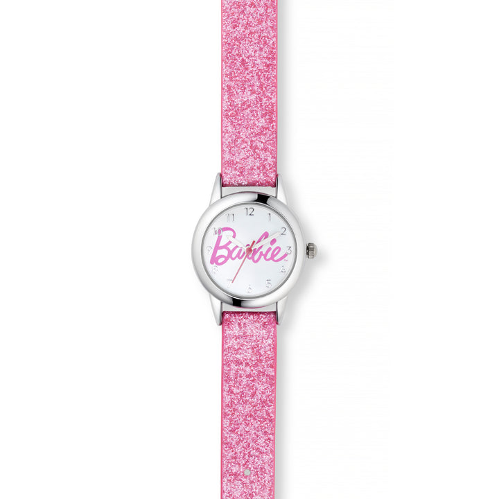 Barbie® Script Logo Watch with Pink Glitter Strap