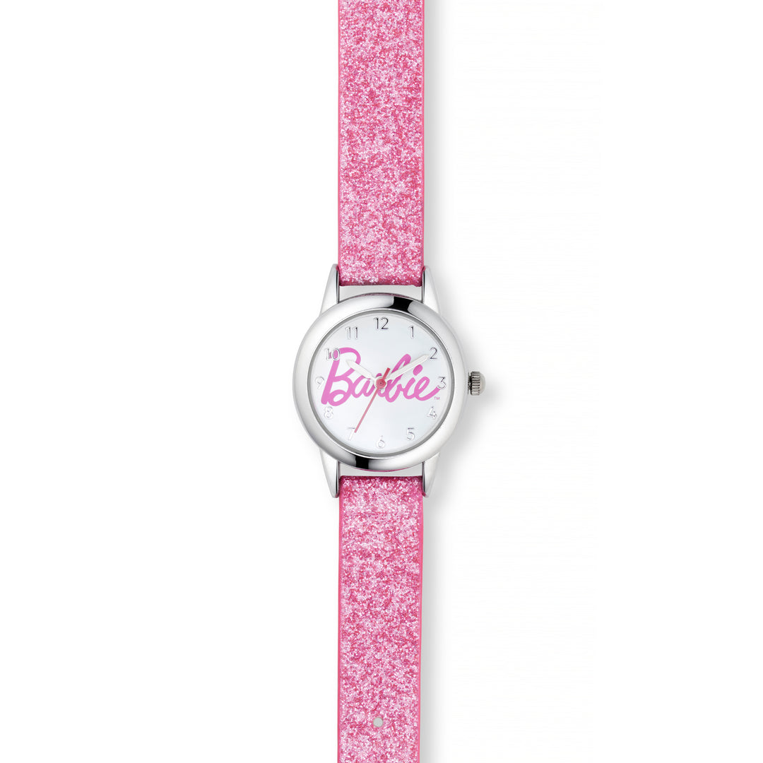 Barbie® Script Logo Watch with Pink Glitter Strap