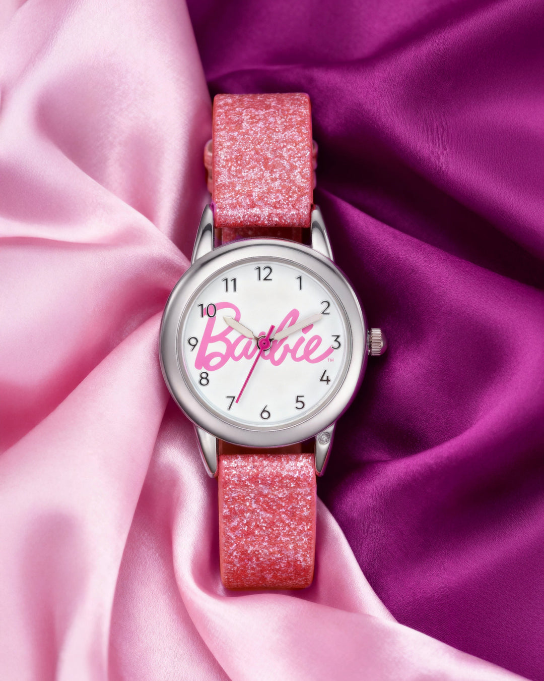 Barbie® Script Logo Watch with Pink Glitter Strap