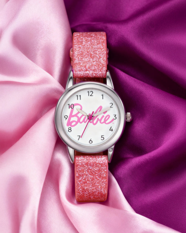 Barbie® Script Logo Watch with Pink Glitter Strap