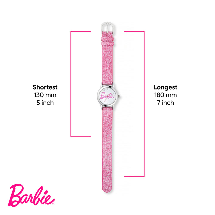 Barbie® Script Logo Watch with Pink Glitter Strap
